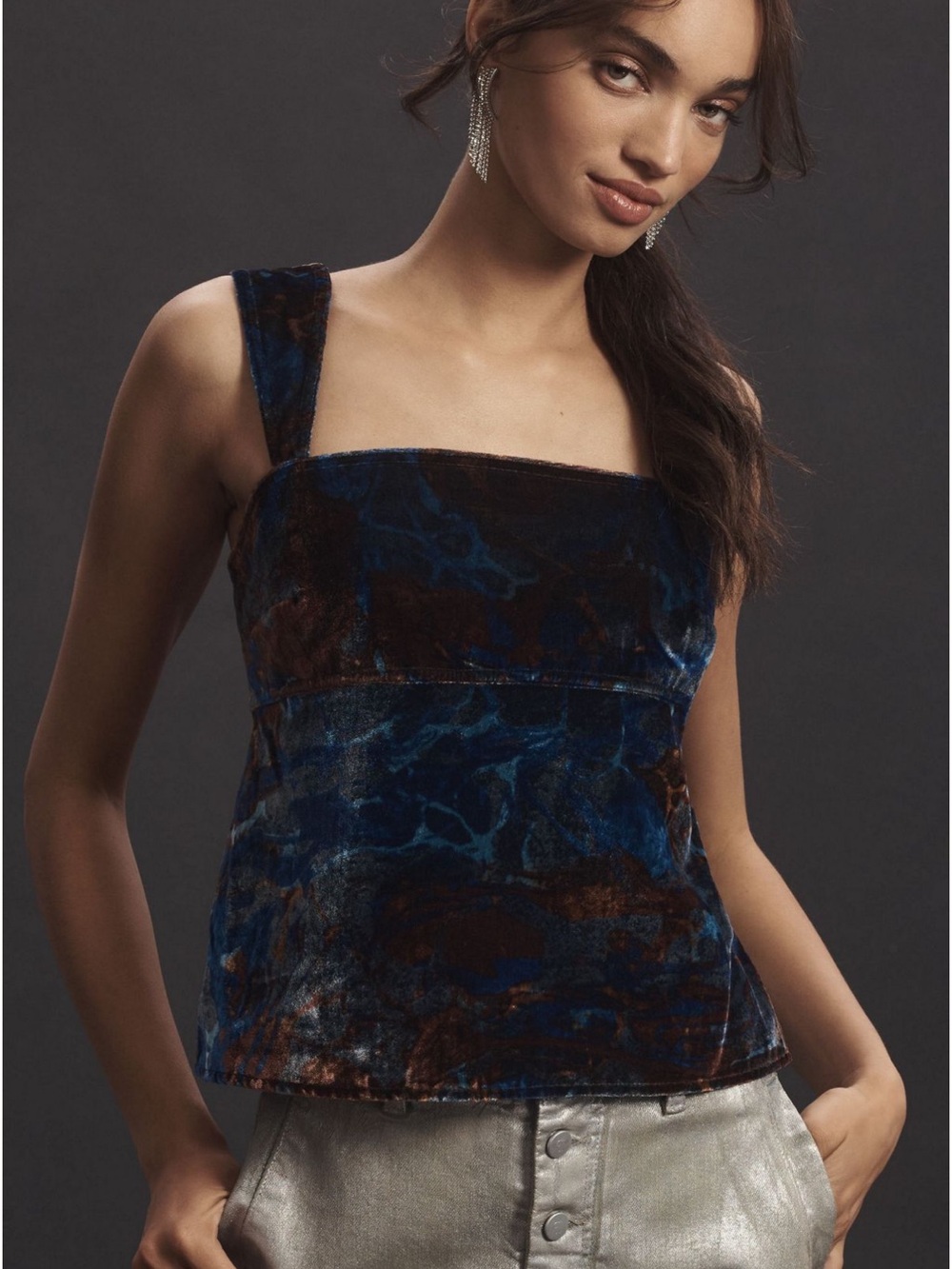 Blue Patterned Velvet Square-Neck Women's Tank Top